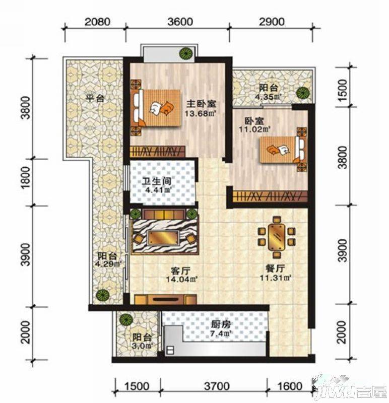 安厦尚城风景2室2厅1卫84.4㎡户型图