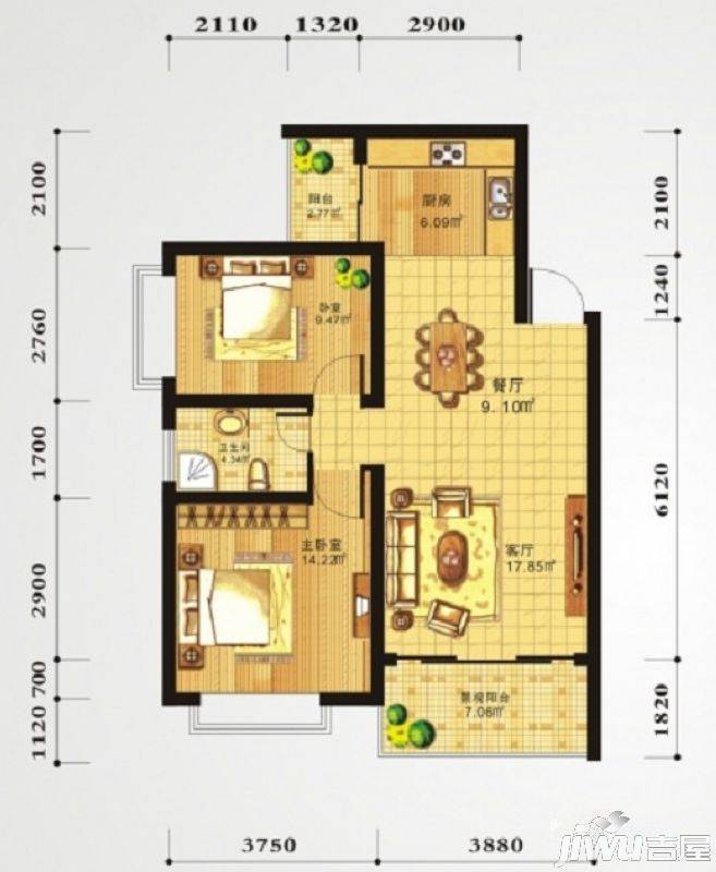 安厦尚城风景2室2厅1卫78.7㎡户型图