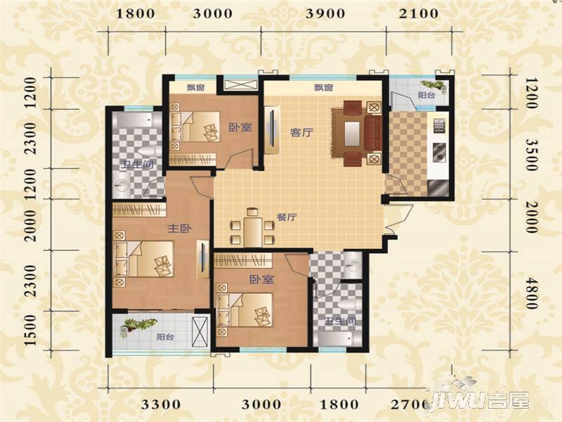 鹏程金色城市3室2厅2卫122.7㎡户型图