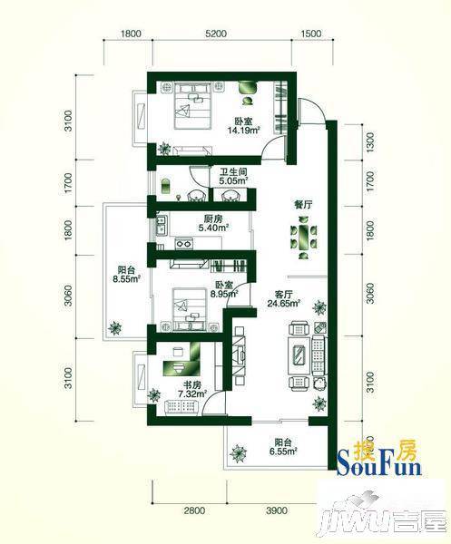 理想岭域3室2厅1卫92.7㎡户型图