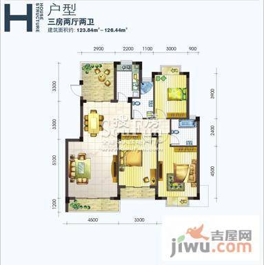 冠信幸福美地3室2厅2卫123.5㎡户型图