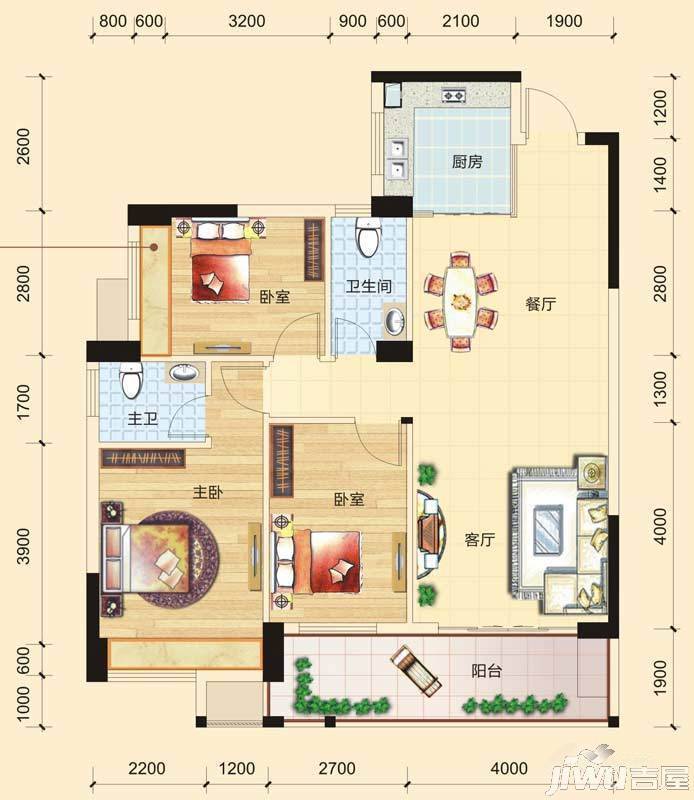 碧园印象桂林3室2厅2卫118㎡户型图