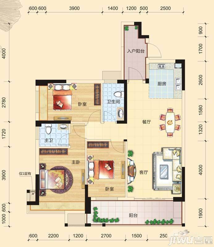 碧园印象桂林3室2厅2卫112.5㎡户型图