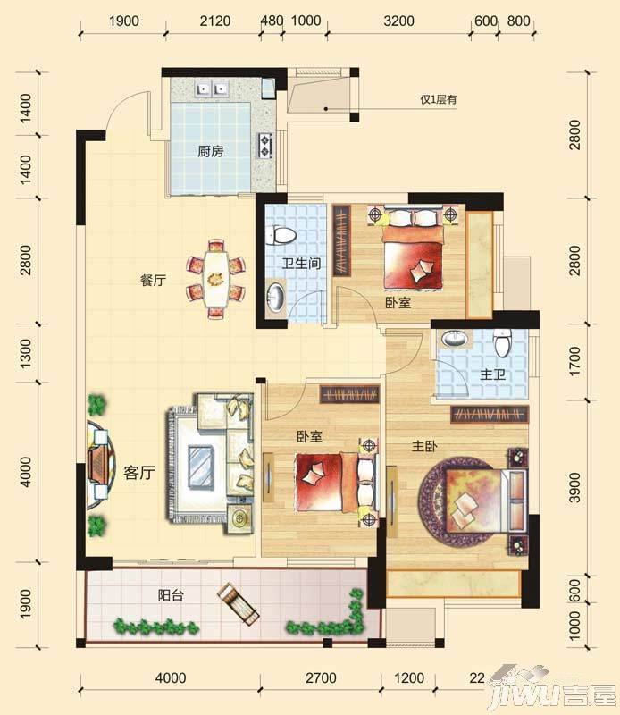 碧园印象桂林3室2厅2卫114㎡户型图