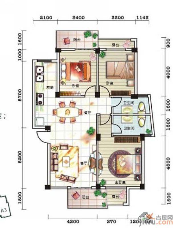 碧园印象桂林3室2厅2卫122㎡户型图