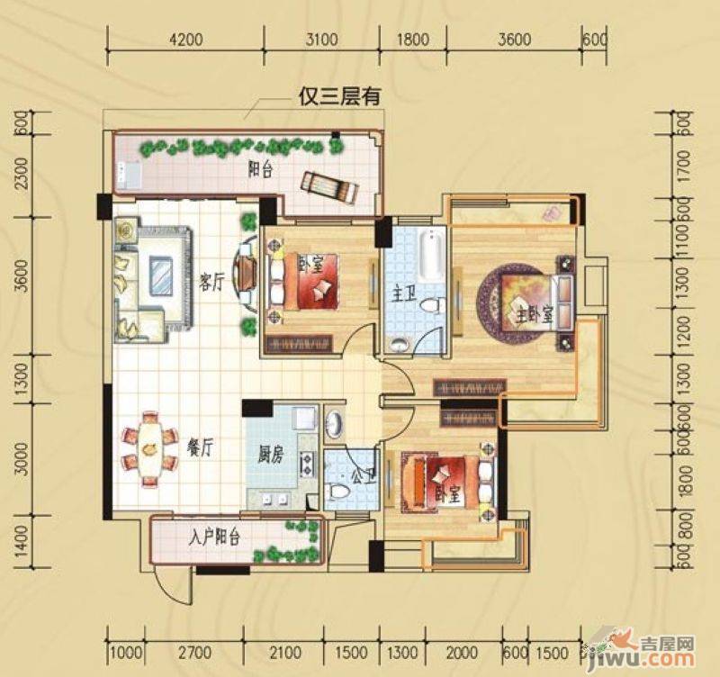 碧园印象桂林3室2厅2卫129㎡户型图