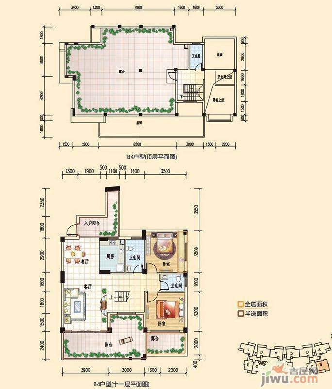 碧园印象桂林2室2厅3卫121㎡户型图