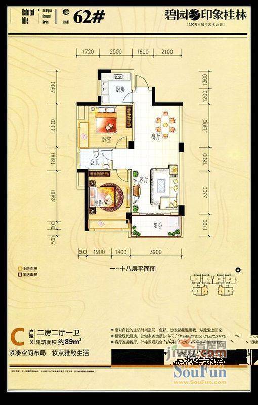 碧园印象桂林2室2厅1卫89㎡户型图