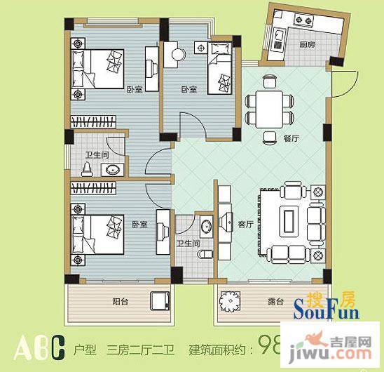 碧园印象桂林3室2厅2卫98.6㎡户型图