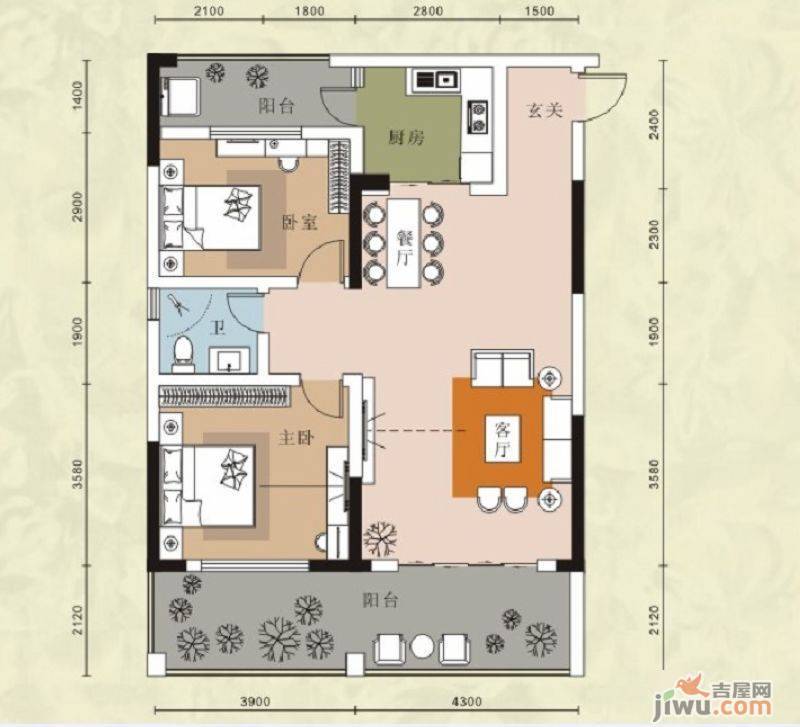 鑫隆公园大地2室2厅1卫104.1㎡户型图