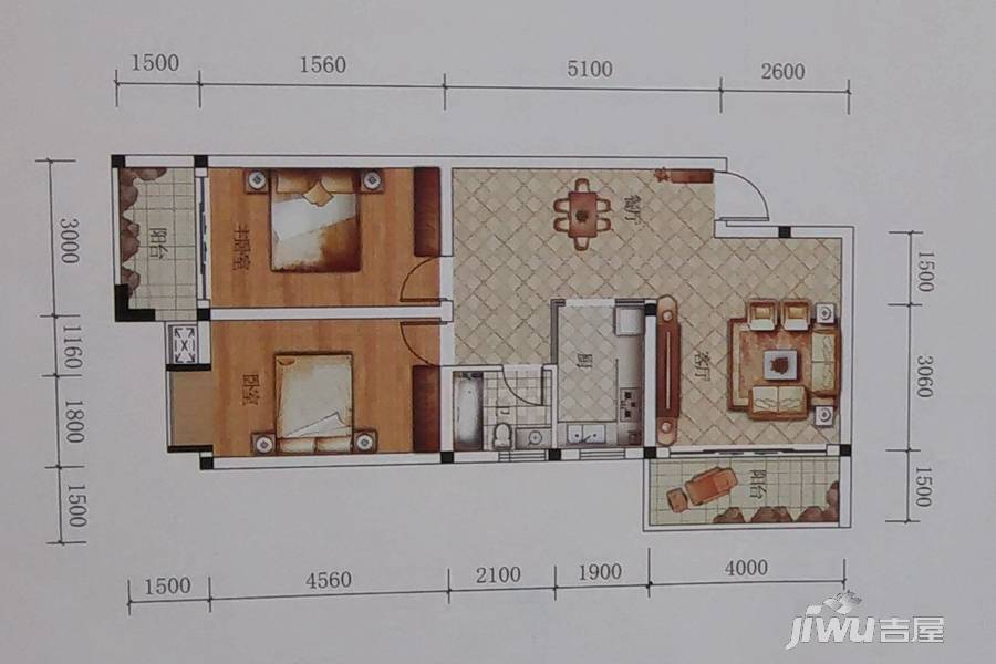 科赛风华天城2室2厅1卫87㎡户型图