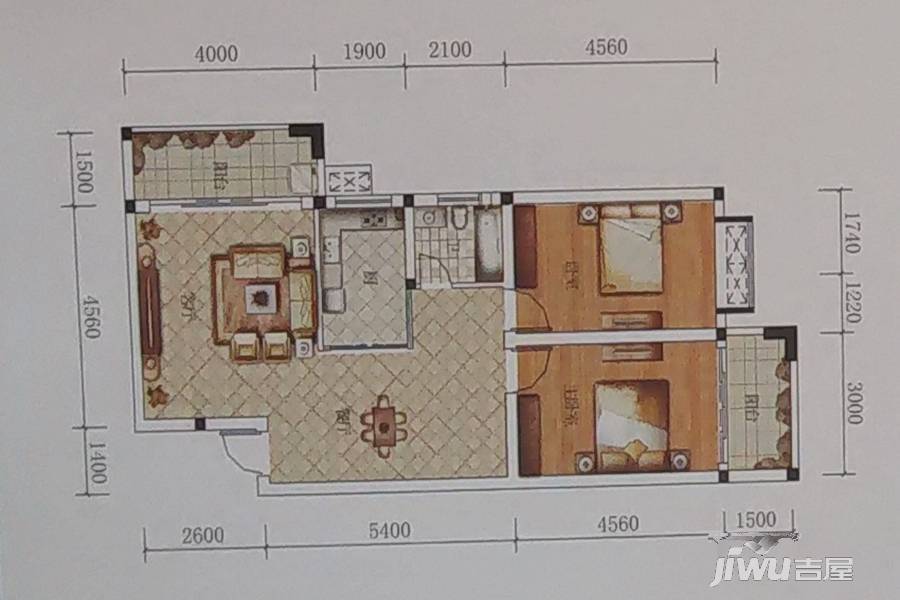 科赛风华天城2室2厅1卫87㎡户型图