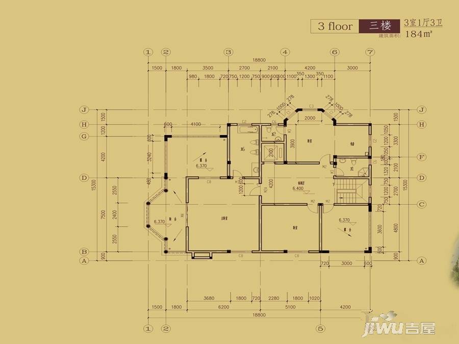 漓江奥林苑3室1厅3卫184㎡户型图