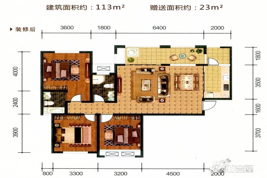 彰泰北城1号3室2厅2卫113㎡户型图