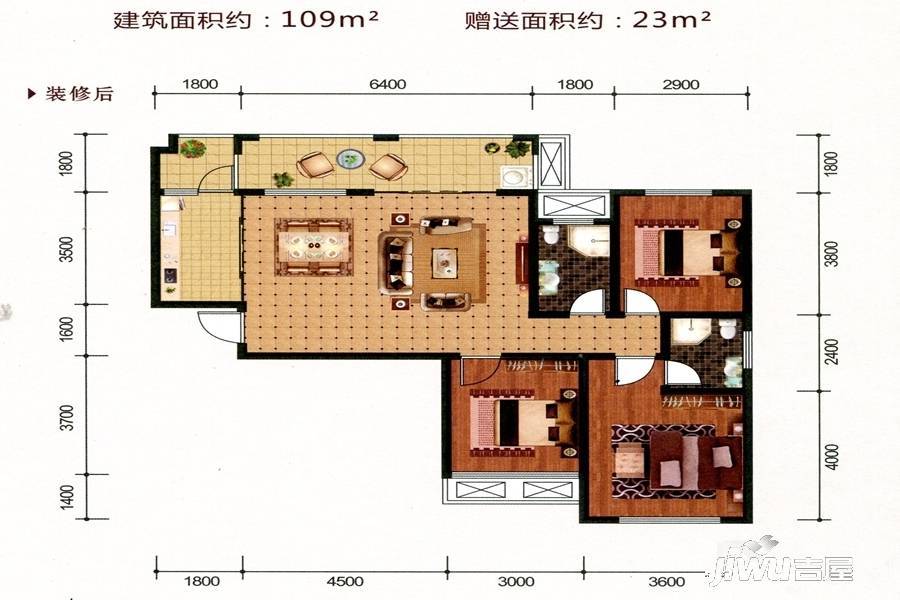 彰泰北城1号3室2厅2卫109㎡户型图