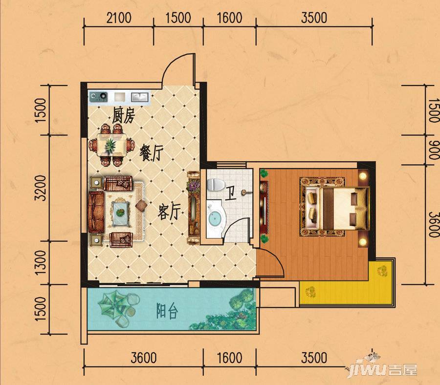 顺祥南洲1号1室2厅1卫52.6㎡户型图