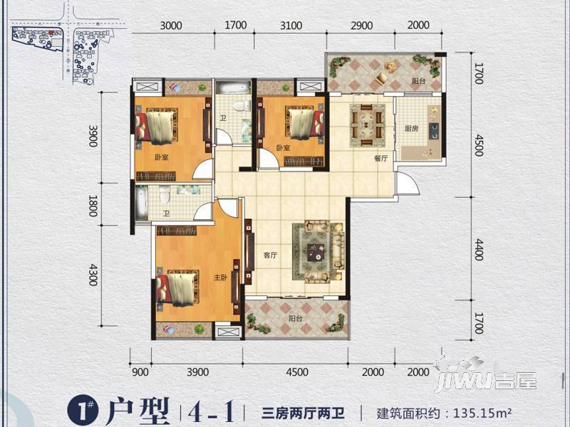 顺祥南洲1号3室2厅2卫135.2㎡户型图