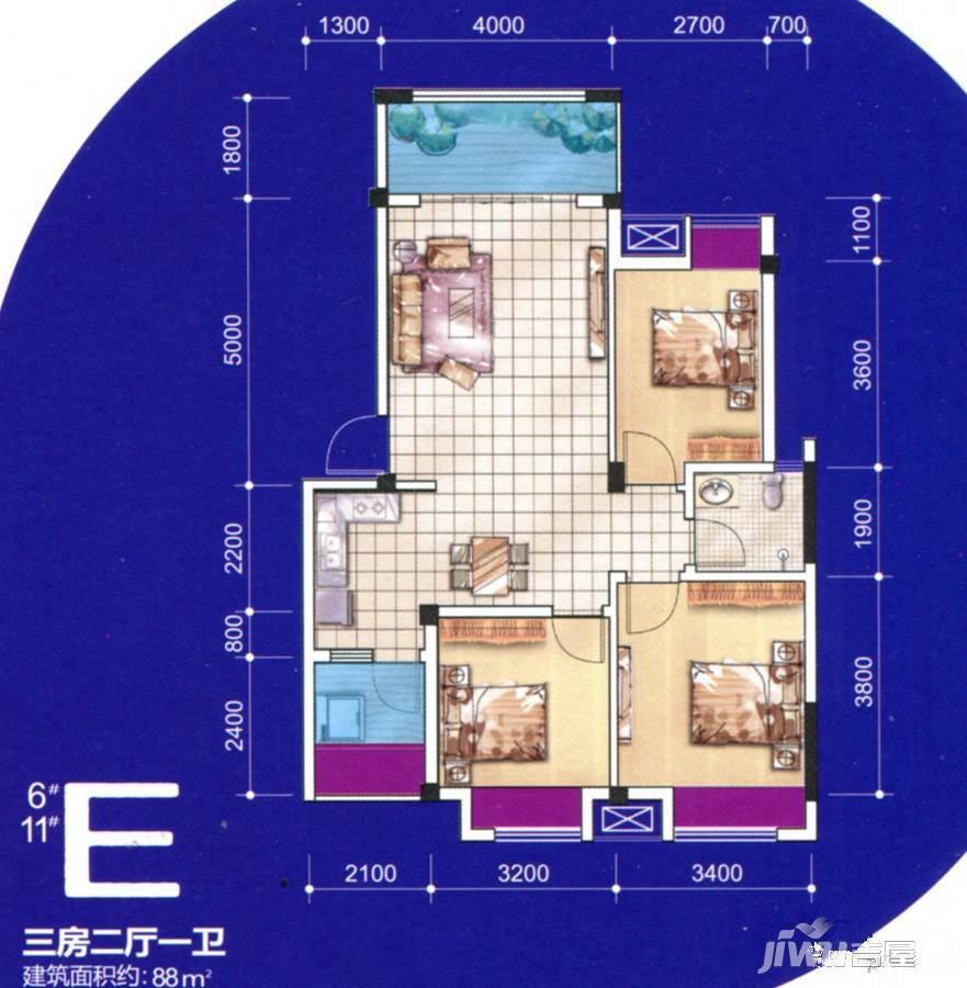 联发欣悦3室2厅1卫88㎡户型图