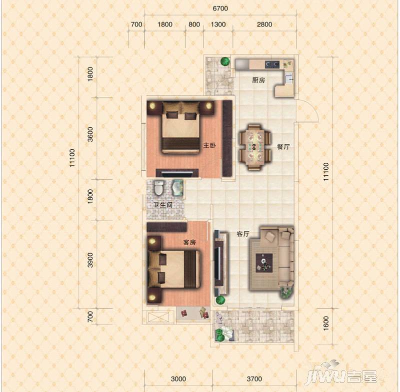 新城国际2室1厅1卫88㎡户型图