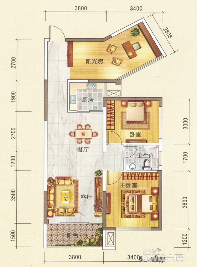 香林郡2室2厅1卫85.5㎡户型图