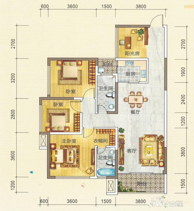 香林郡3室2厅2卫108.7㎡户型图