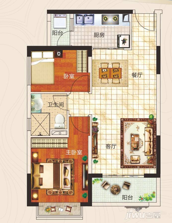 恒大江湾2室2厅1卫72㎡户型图