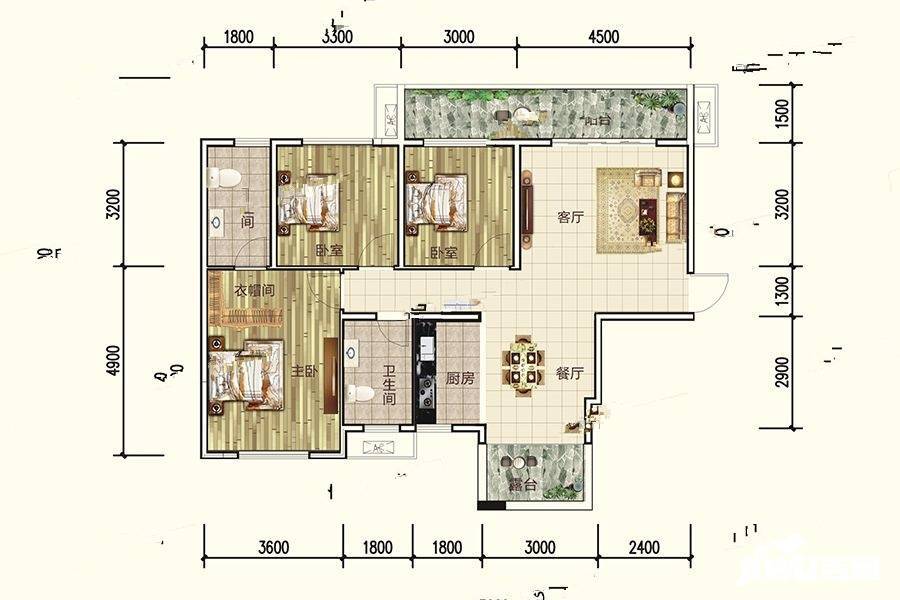 城中雅居3室2厅2卫89.6㎡户型图