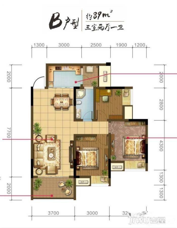 彰泰桃源居3室2厅1卫89㎡户型图