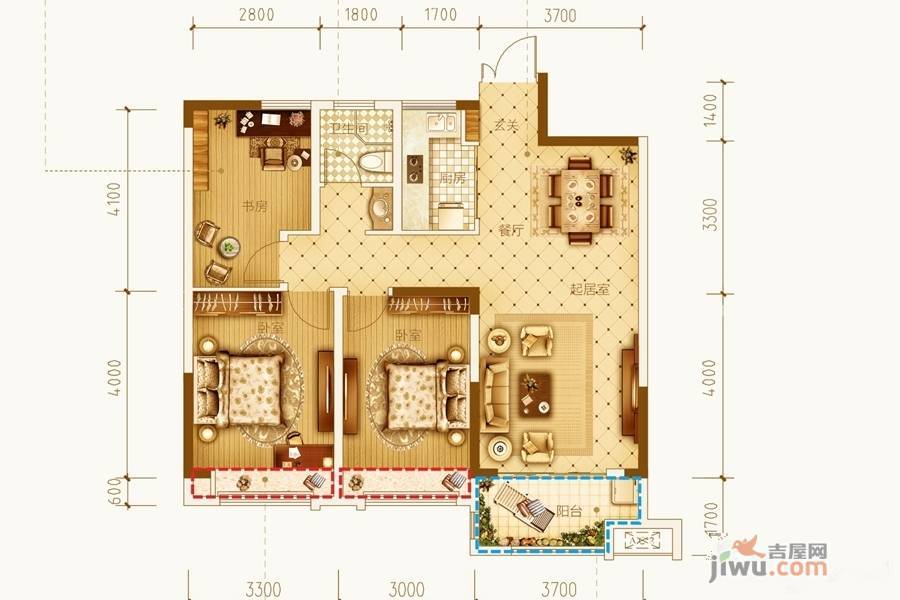 古井上善名郡3室2厅1卫101.9㎡户型图