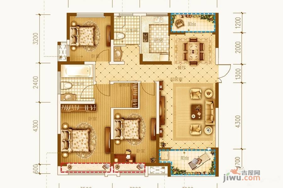 古井上善名郡3室2厅2卫120.3㎡户型图