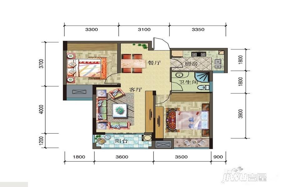 青年城1号2室2厅1卫81.9㎡户型图