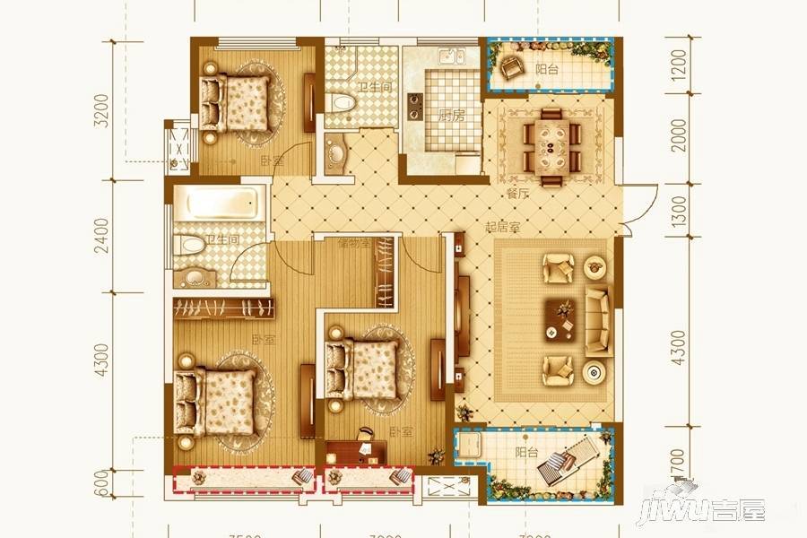 古井上善名郡3室2厅2卫120.3㎡户型图