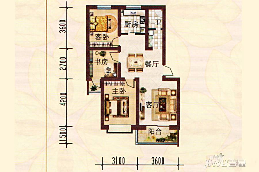 温馨苑3室2厅1卫98㎡户型图