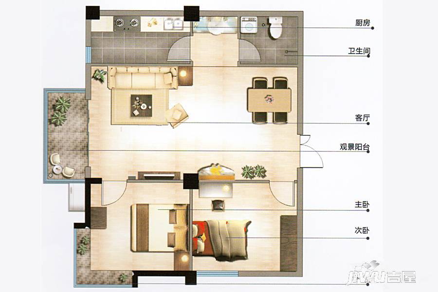 凤城国际2室2厅1卫88.2㎡户型图
