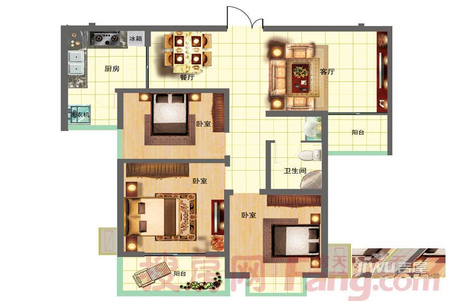 中房·龙湖华苑3室2厅1卫108㎡户型图