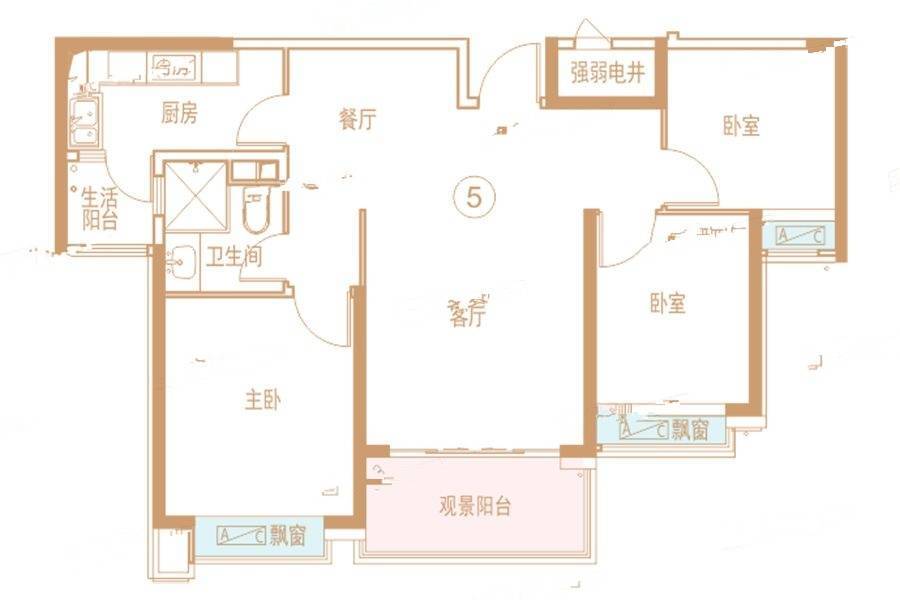 恒大悦珑湾3室2厅1卫104㎡户型图