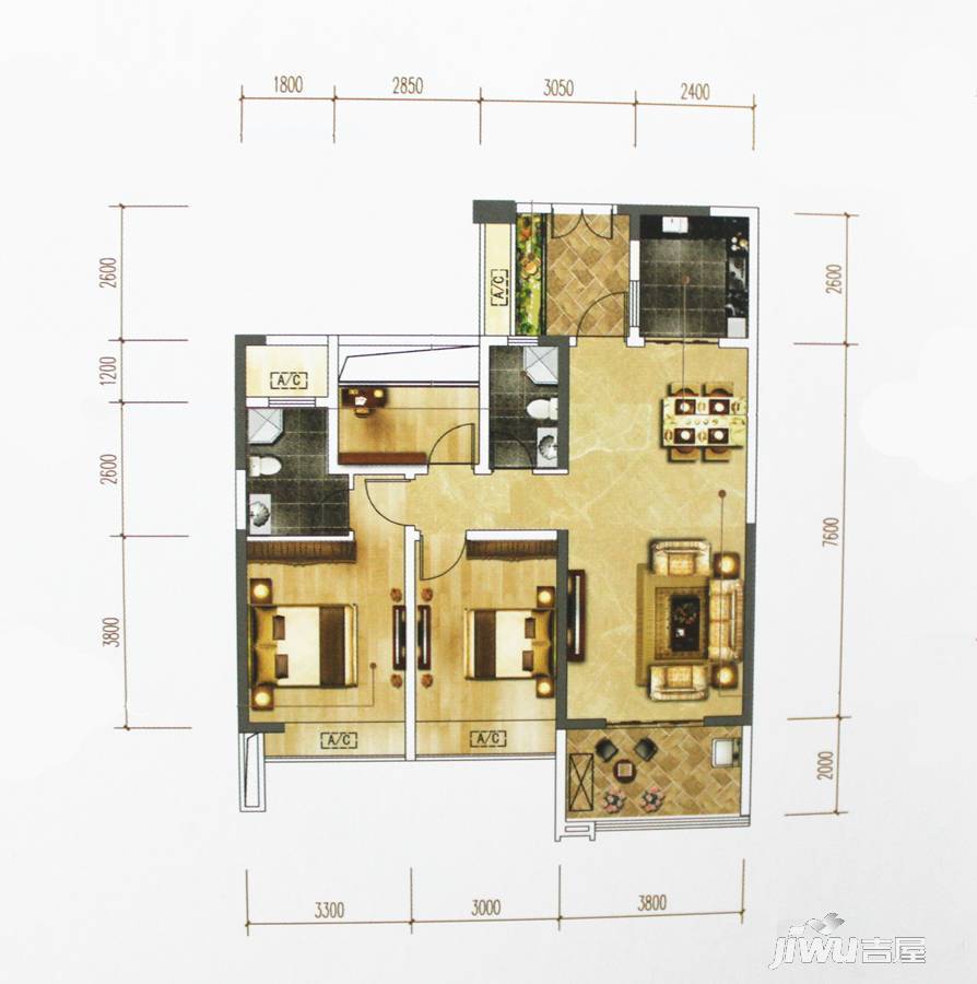 天玥中心商铺3室2厅2卫106.7㎡户型图