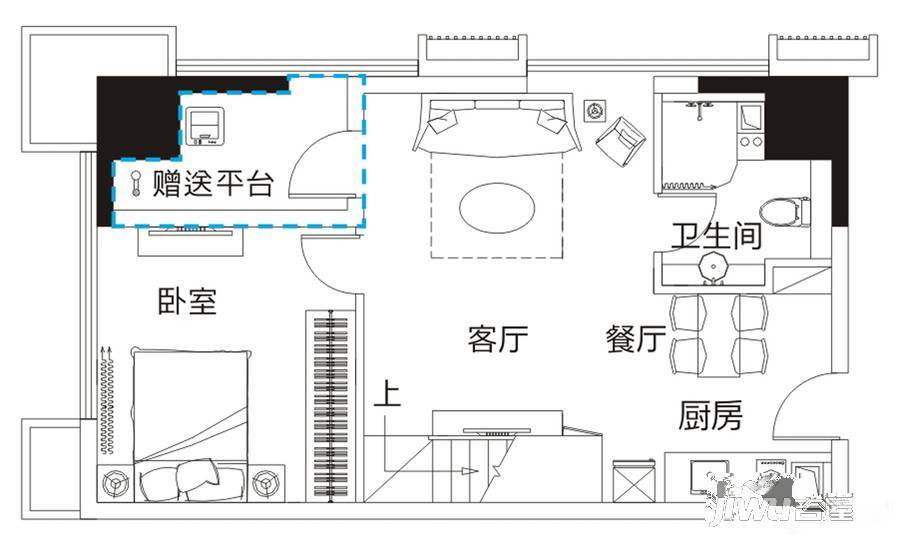 滨湖向上城商铺3室2厅1卫63㎡户型图