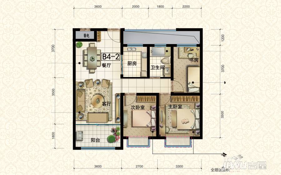 华冶翡翠湾3室2厅1卫92.6㎡户型图