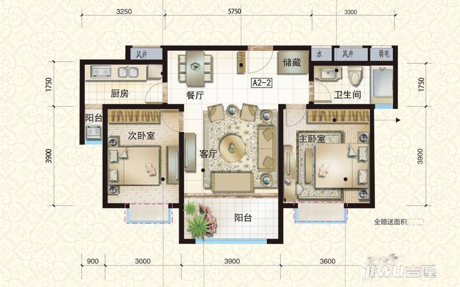 华冶翡翠湾2室2厅1卫92.8㎡户型图