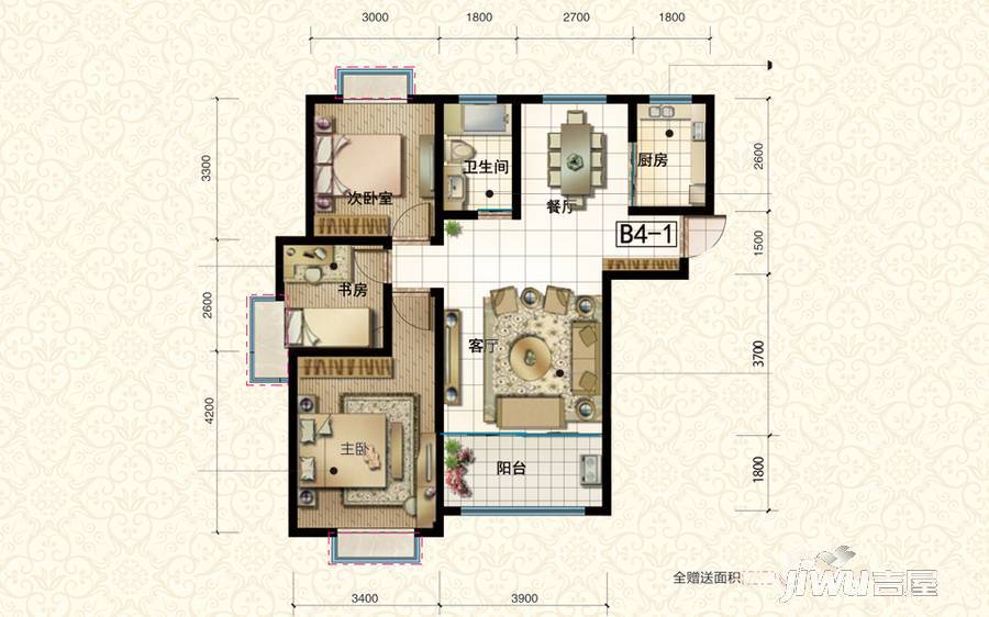 华冶翡翠湾3室2厅1卫101.5㎡户型图