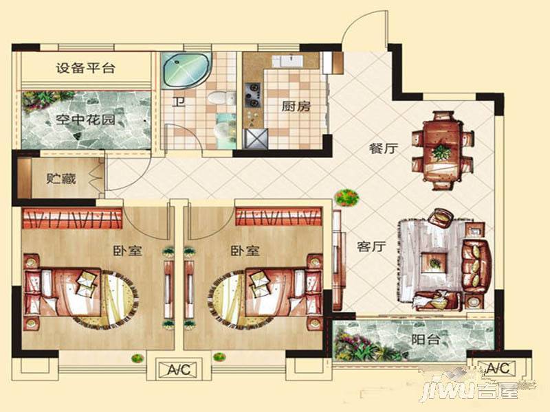 铜冠花园2室2厅1卫88.2㎡户型图