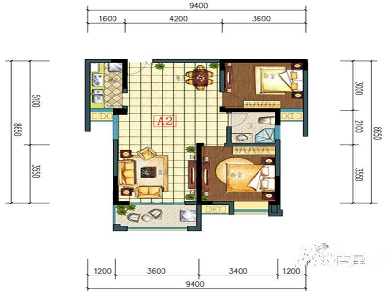 华悦公馆2室2厅1卫88.3㎡户型图