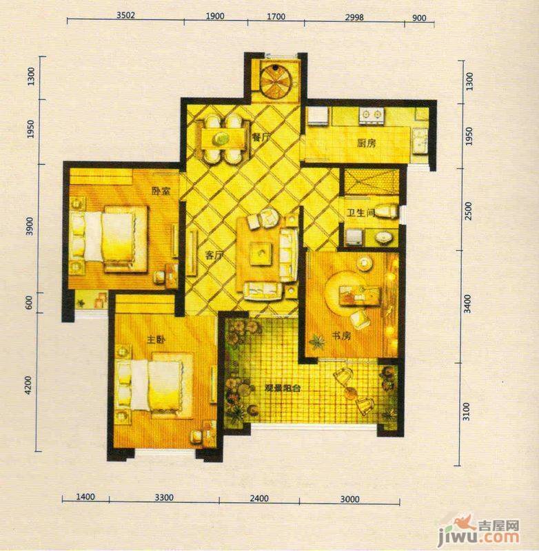 鼎元府邸3室2厅1卫104.2㎡户型图