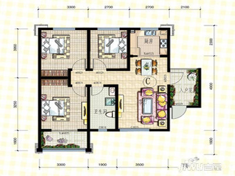 华冶向阳里3室2厅1卫102.8㎡户型图