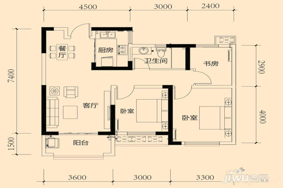 瑞阳公馆C2户型图约89平米2室2厅1厨1卫