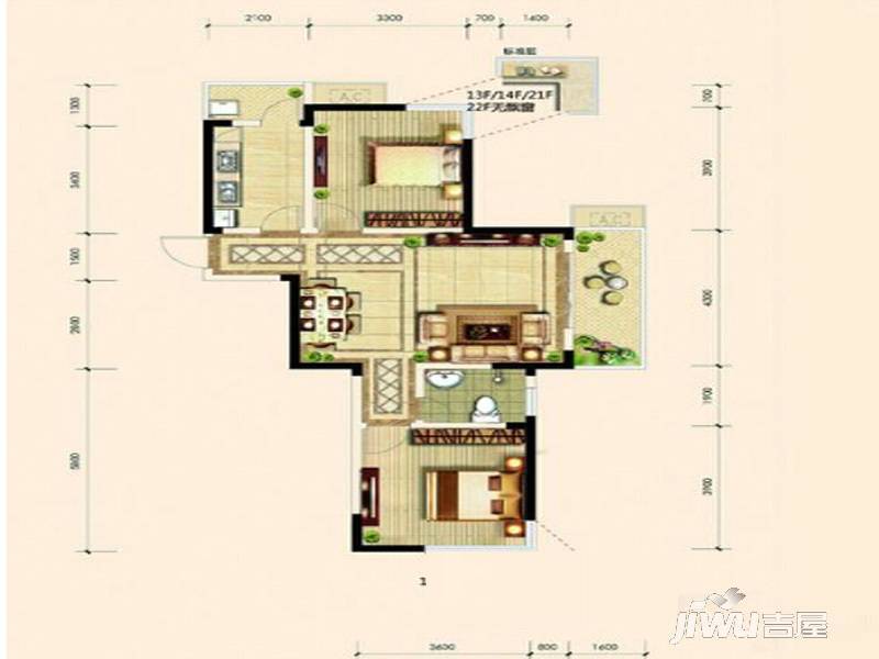 翡翠花园2室2厅1卫93㎡户型图