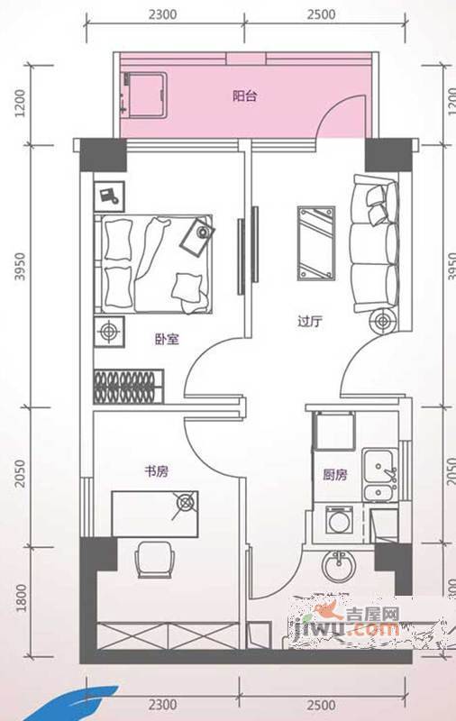 峰尚国际2室1厅1卫60.3㎡户型图