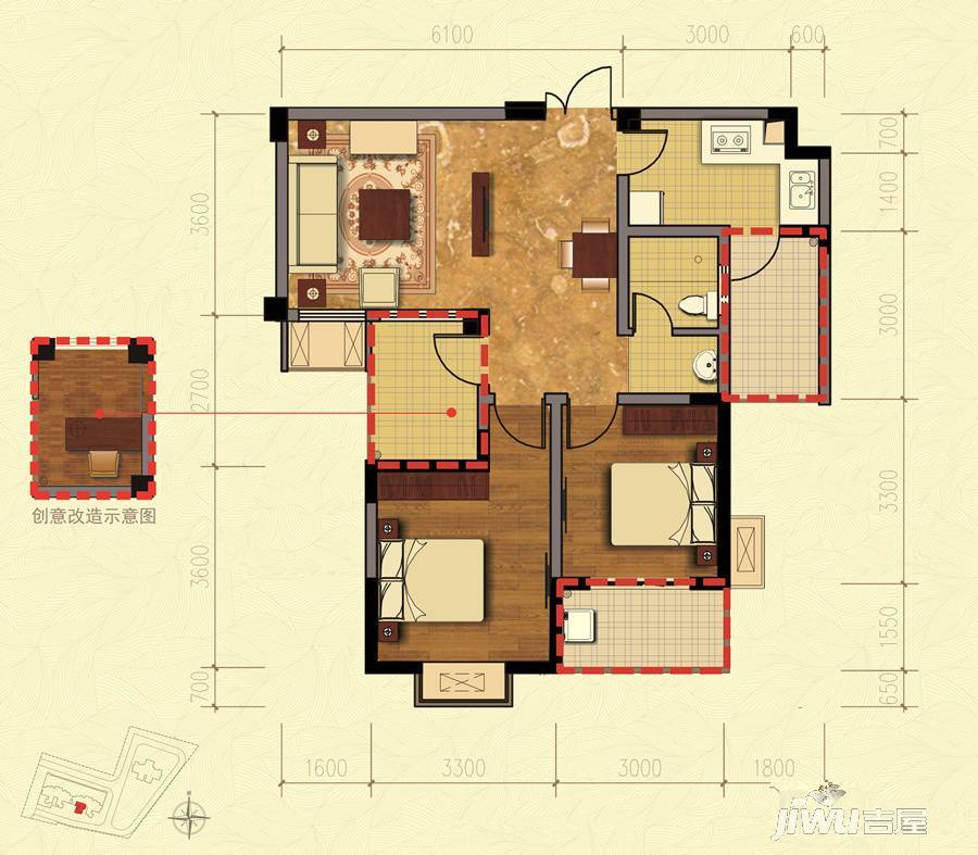 东城一品轩2室2厅1卫86㎡户型图