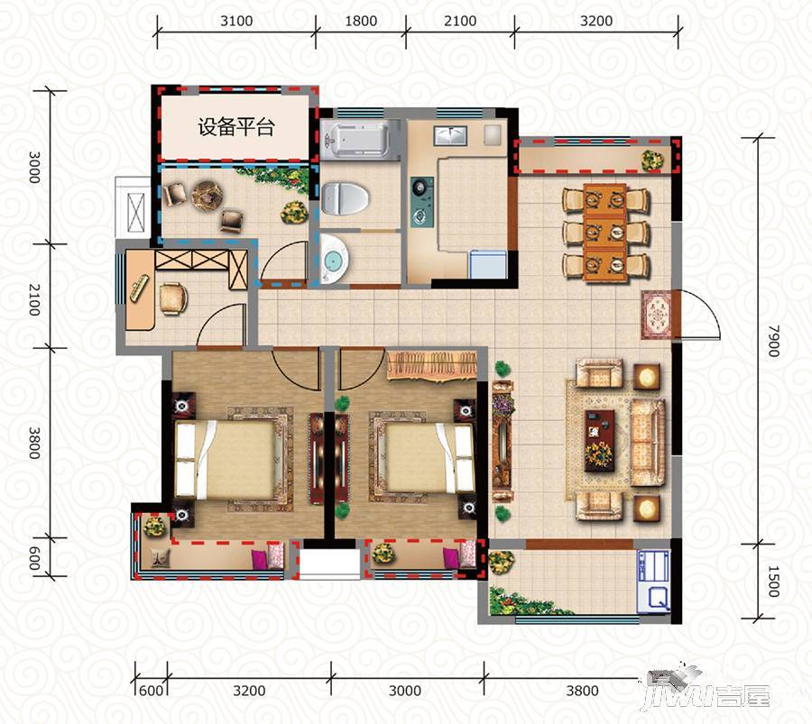 中环云公馆2室2厅1卫103㎡户型图